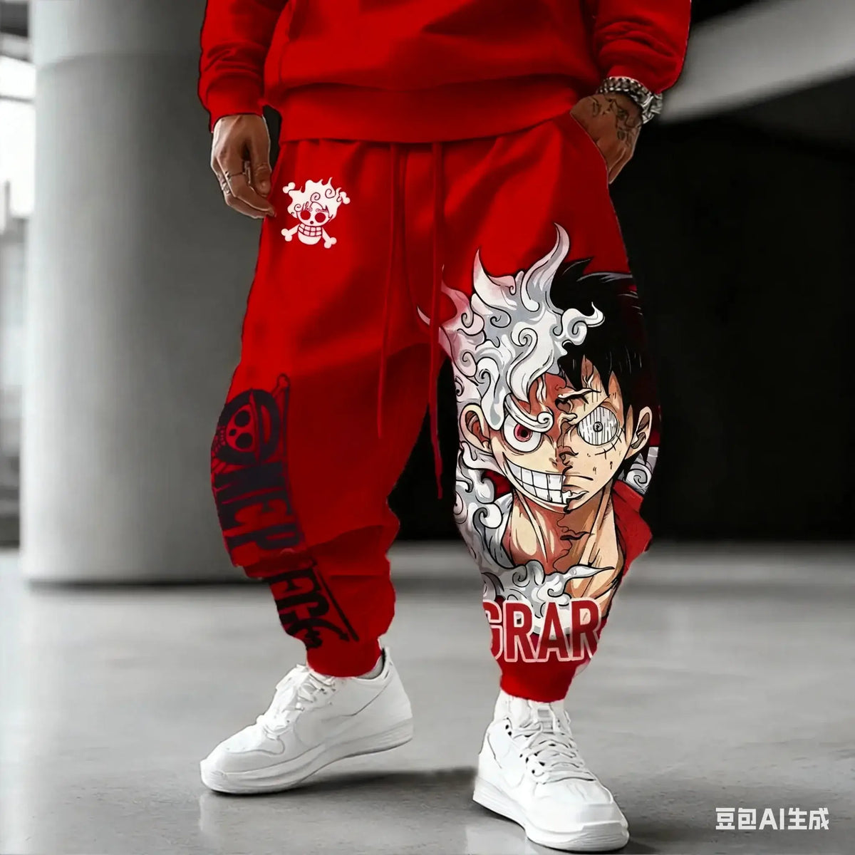 Unisex Luffy Gear 5 Pants made of thick winter cotton, featuring Sun God Nika anime graphics and cuffed ankles for Harajuku streetwear style.
