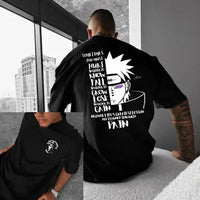 A black MINISO Akatsuki Cloud T-Shirt made of cotton, featuring Red Clouds and Purple Rinnegan eye design for men and anime cosplay.