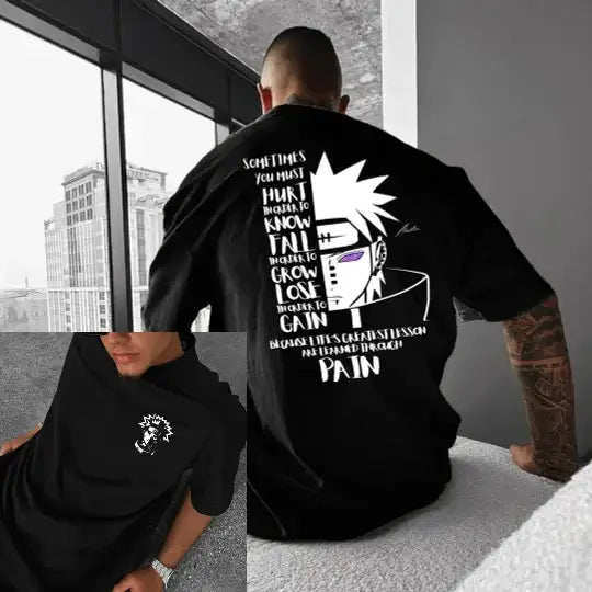 A black MINISO Akatsuki Cloud T-Shirt made of cotton, featuring Red Clouds and Purple Rinnegan eye design for men and anime cosplay.