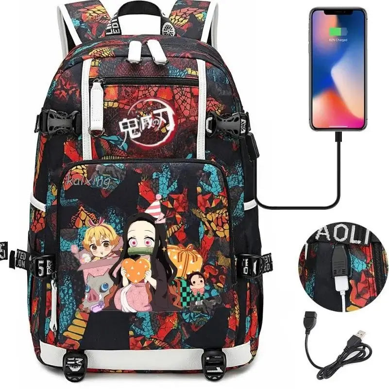 A pink and black Nezuko Demon Slayer Backpack featuring a USB charging port and kawaii anime character art, designed for teen girls and students.