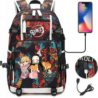 A pink and black Nezuko Demon Slayer Backpack featuring a USB charging port and kawaii anime character art, designed for teen girls and students.