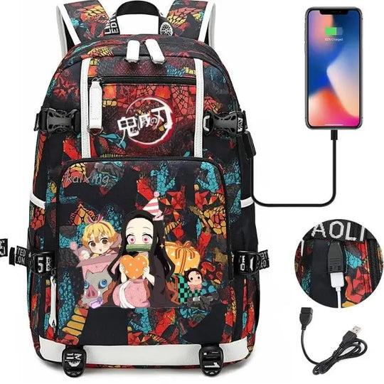 A pink and black Nezuko Demon Slayer Backpack featuring a USB charging port and kawaii anime character art, designed for teen girls and students.