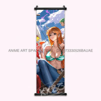 A vibrant One Piece Hanging Painting featuring anime characters Monkey D. Luffy, Portgas D. Ace, Sabo, and Shanks on a canvas scroll for home decor.
