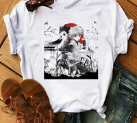 A woman wearing the casual vintage Japanese Anime Hunter X Hunter Graphic T Shirt.