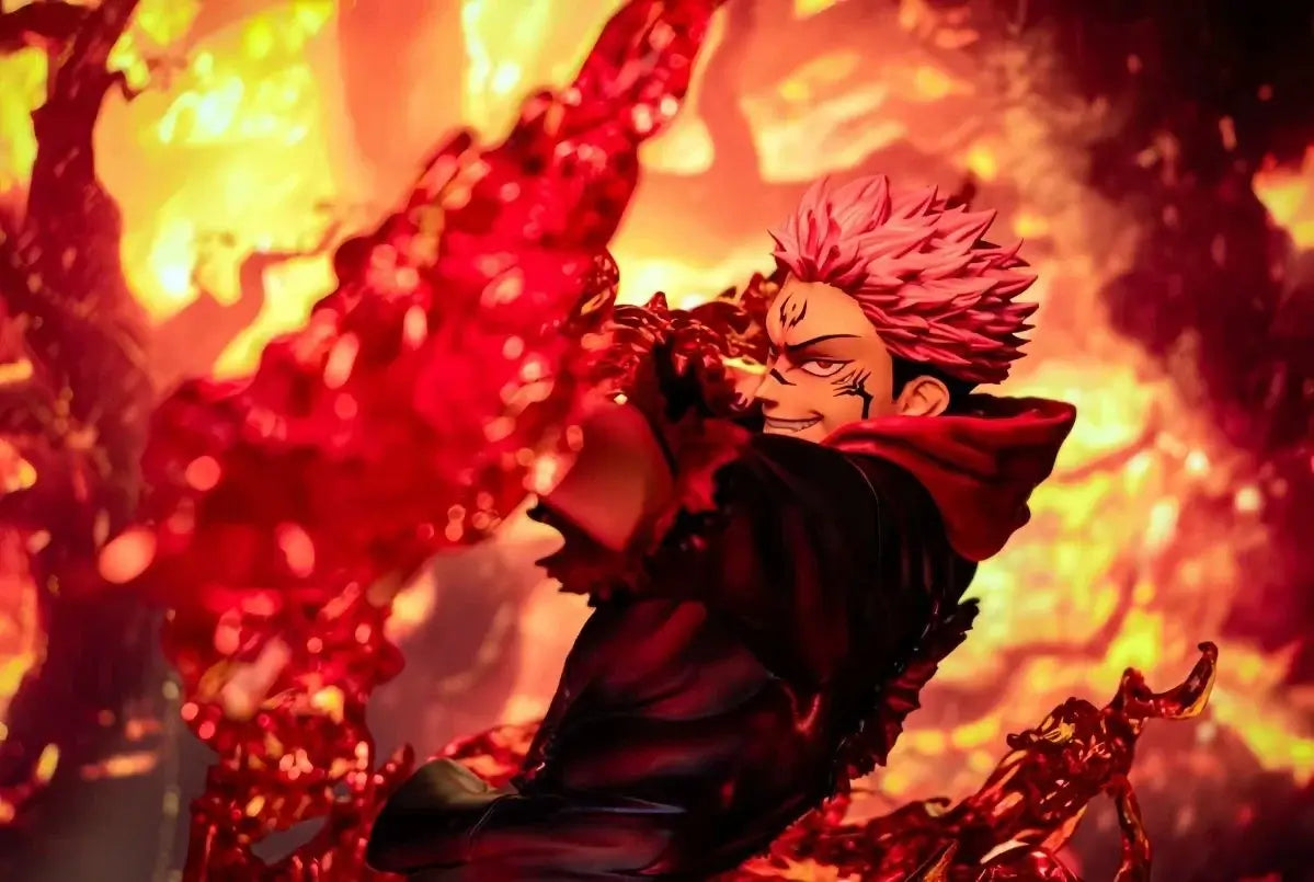 A highly detailed Ryomen Sukuna Figure made of premium PVC, showcasing the Jujutsu Kaisen King of Curses in an extreme battle stance for desktop decoration.