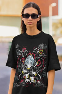 A premium Tomura Shigaraki T-shirt featuring a custom graphic of the League of Villains leader with hand motifs, designed as an anime gift.