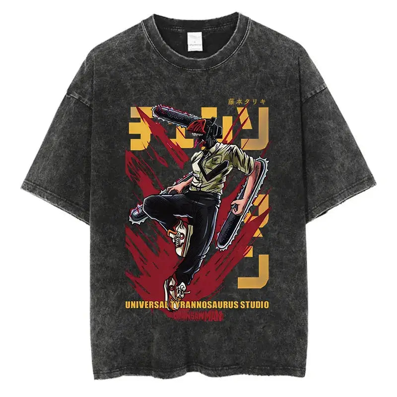 A vintage-washed black Chainsaw Man T-Shirt made of soft cotton, featuring a Denji graphic print, designed as oversized Harajuku streetwear.