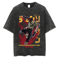 A vintage-washed black Chainsaw Man T-Shirt made of soft cotton, featuring a Denji graphic print, designed as oversized Harajuku streetwear.