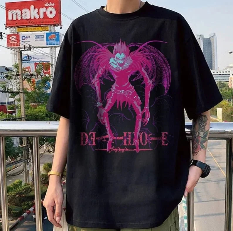 A trendy Death Note T-shirt featuring high-definition anime graphic art of Light Yagami and Ryuk, designed as a unisex Japanese manga top.