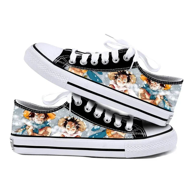 One Piece Anime Low Top Canvas Sneakers flat lay pair printed anime canvas couple birthday gift