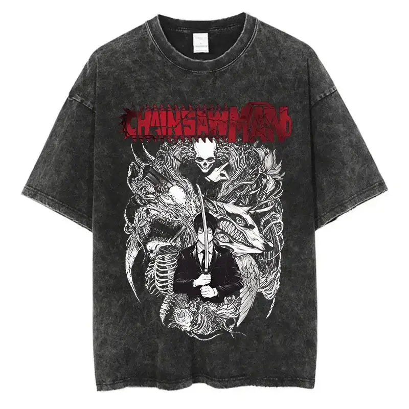 A vintage-washed black Chainsaw Man T-Shirt made of soft cotton, featuring a Denji graphic print, designed as oversized Harajuku streetwear.
