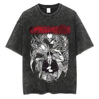A vintage-washed black Chainsaw Man T-Shirt made of soft cotton, featuring a Denji graphic print, designed as oversized Harajuku streetwear.
