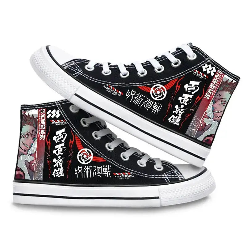 Pair of Jujutsu Kaisen Canvas Shoes featuring Gojo Satoru and Fushiguro Megumi creative cartoon patterns, designed as fashion high-top sneakers.