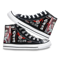 Pair of Jujutsu Kaisen Canvas Shoes featuring Gojo Satoru and Fushiguro Megumi creative cartoon patterns, designed as fashion high-top sneakers.