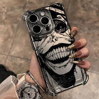 A luxury Solo Leveling Plating Case featuring Sung Jinwoo art with electroplated edges and anti-fall airbag corners for Apple iPhone 16 and 15.