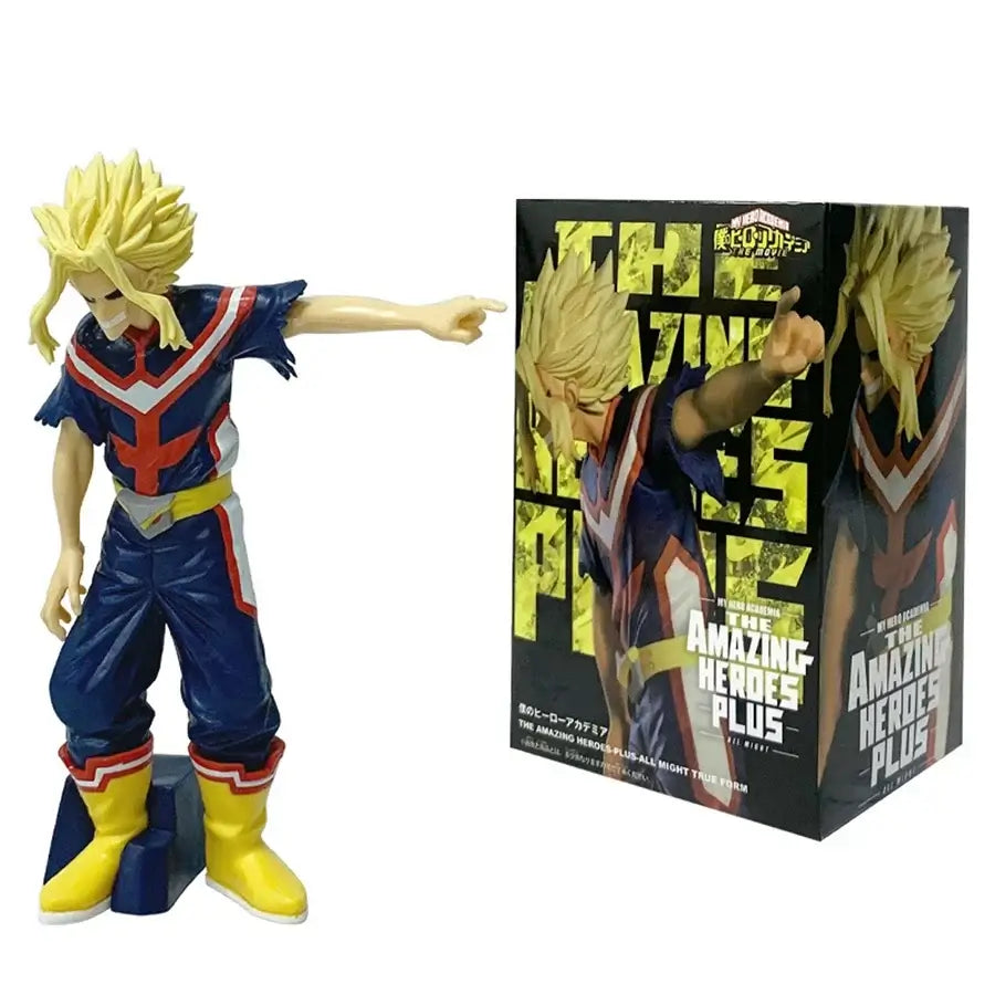 A highly detailed 18cm My Hero Academia Anime Figure made of PVC, featuring action poses of All Might, Deku, and Bakugo for collectors.