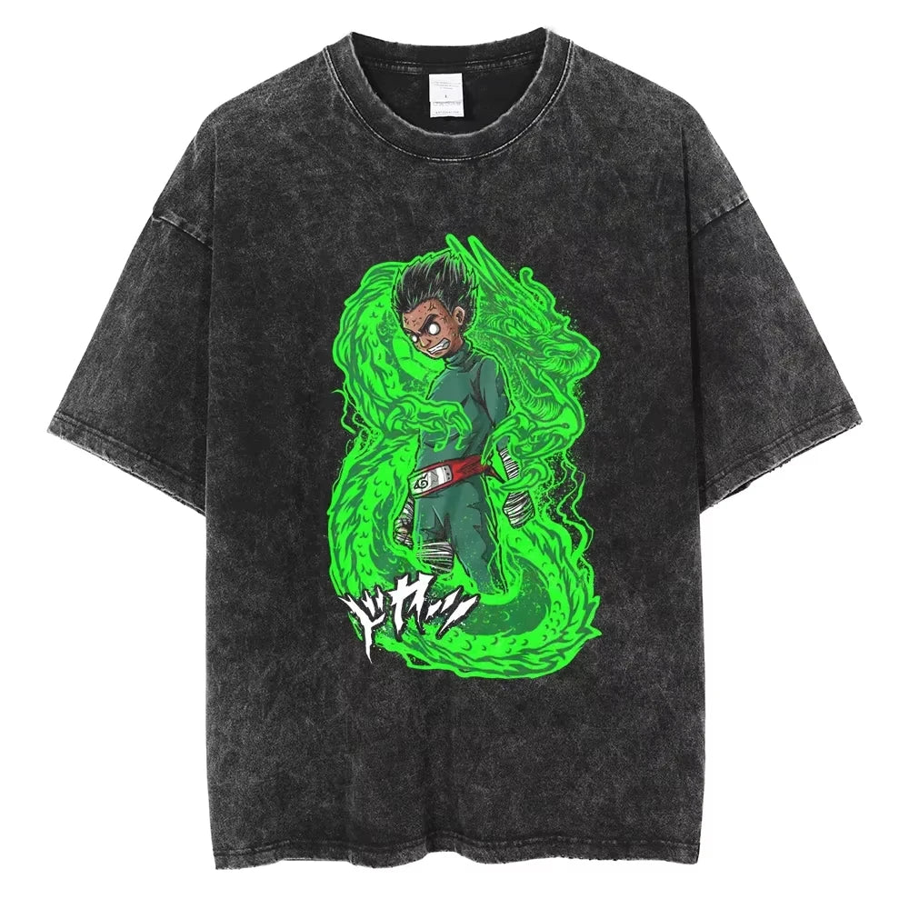 A washed black Naruto Vintage T-Shirt featuring a hip hop style anime print, designed as Harajuku streetwear for men and women.