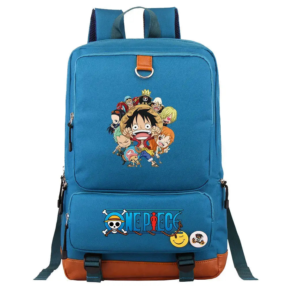 A large, unisex One Piece Luffy Printed Unisex Backpack suitable for school and travel, with compartments for a laptop and iPad.