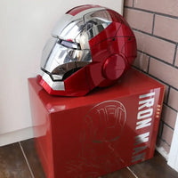 A wearable AutoKing Iron Man Helmet (Mk5) featuring voice-controlled opening face plates and glowing LED eyes for adult cosplay and display.