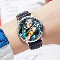 A stylish Demon Slayer Watch featuring two-dimensional anime art of Rengoku Kyoujurou and Tokitou Muichirou, designed as a trendy business wristwatch.