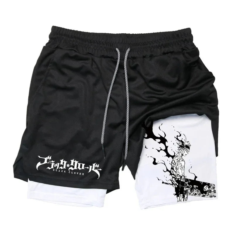 Black Five-Leaf Clover Double-Layer Sports Shorts with Pockets