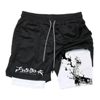 Black Five-Leaf Clover Double-Layer Sports Shorts with Pockets