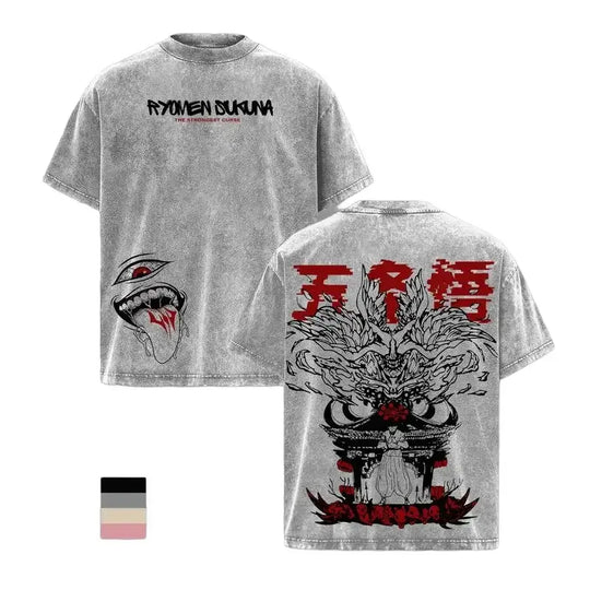 Ryomen Sukuna Manga Y2K Vintage Washed T-Shirt featuring unique designs on front and back in soft cotton with oversized fit.