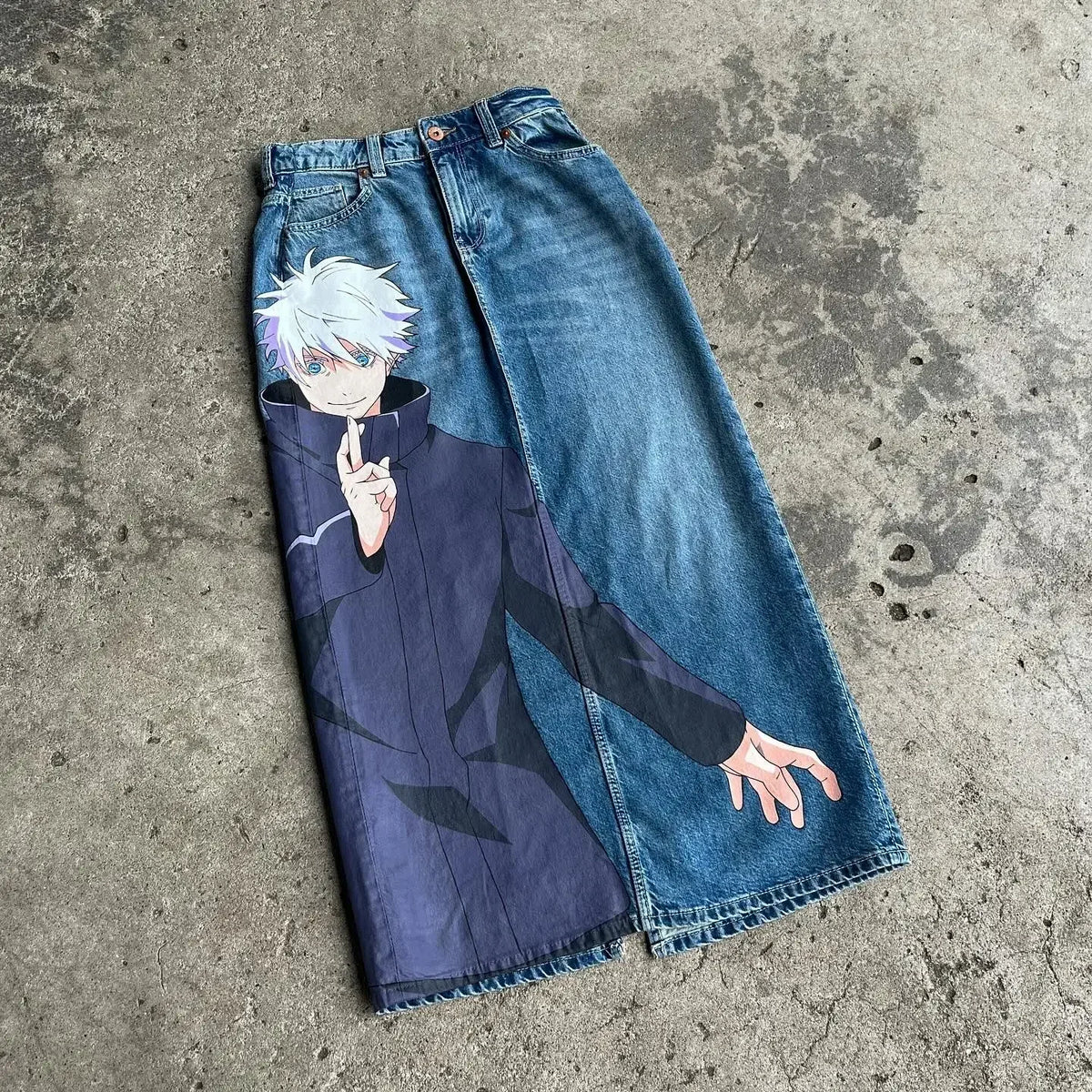 Trendy Y2K Anime Baggy Jeans featuring a Harajuku graphic print pattern, designed as high-waisted vintage streetwear for men and women.