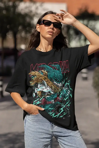 An oversized Deku T-Shirt featuring colorful anime graphic art of Midoriya, Bakugo, and Shoto styled for women's streetwear.