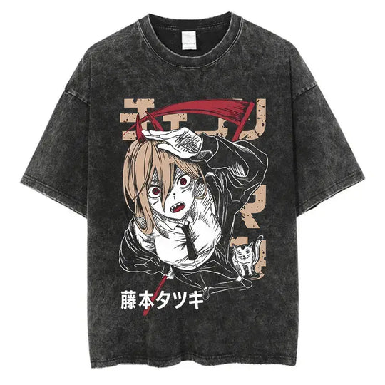 A vintage-washed black Chainsaw Man T-Shirt made of soft cotton, featuring a Denji graphic print, designed as oversized Harajuku streetwear.