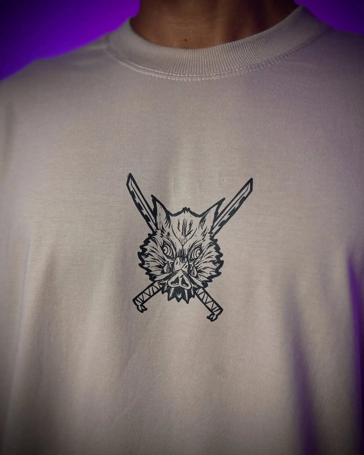 A couple wearing matching oversized Demon Slayer Graphic T Shirts in a hip hop, Y2K streetwear style.