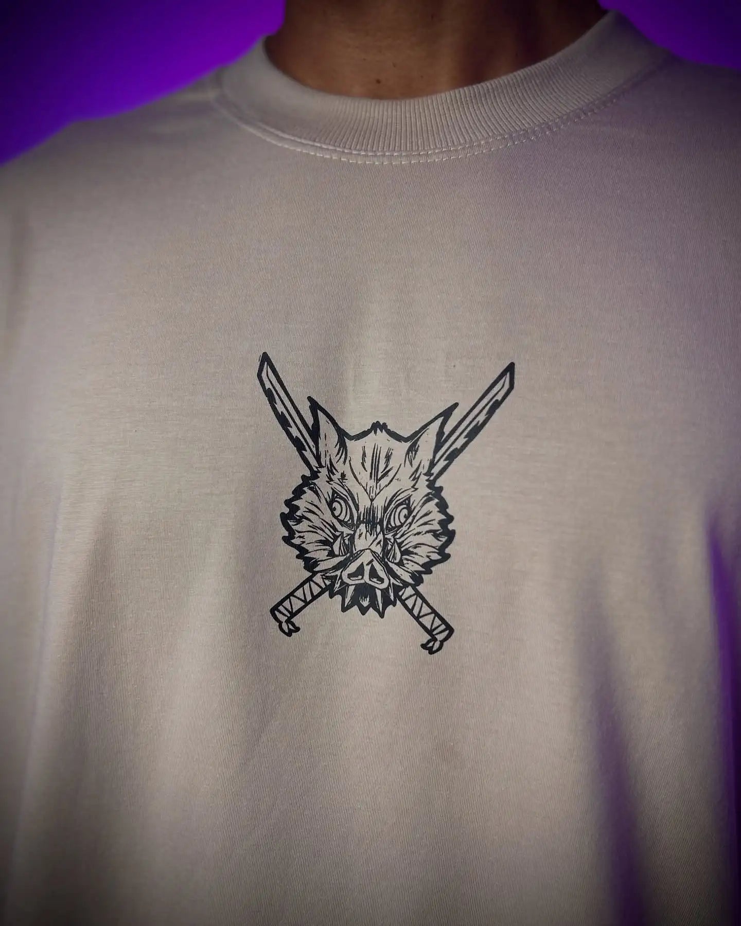 A couple wearing matching oversized Demon Slayer Graphic T Shirts in a hip hop, Y2K streetwear style.