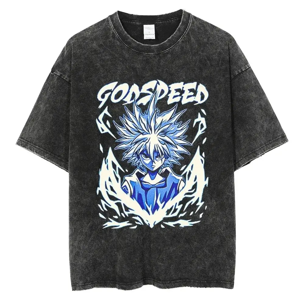 Hunter x Hunter Gon Freecss Print T-Shirt featuring a Godspeed design on a washed black oversized tee.