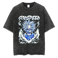 Hunter x Hunter Gon Freecss Print T-Shirt featuring a Godspeed design on a washed black oversized tee.