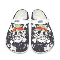 Breathable One Piece Medical Clogs featuring cartoon prints of Monkey D. Luffy and Roronoa Zoro, designed as slip-resistant surgical shoes for nurses.
