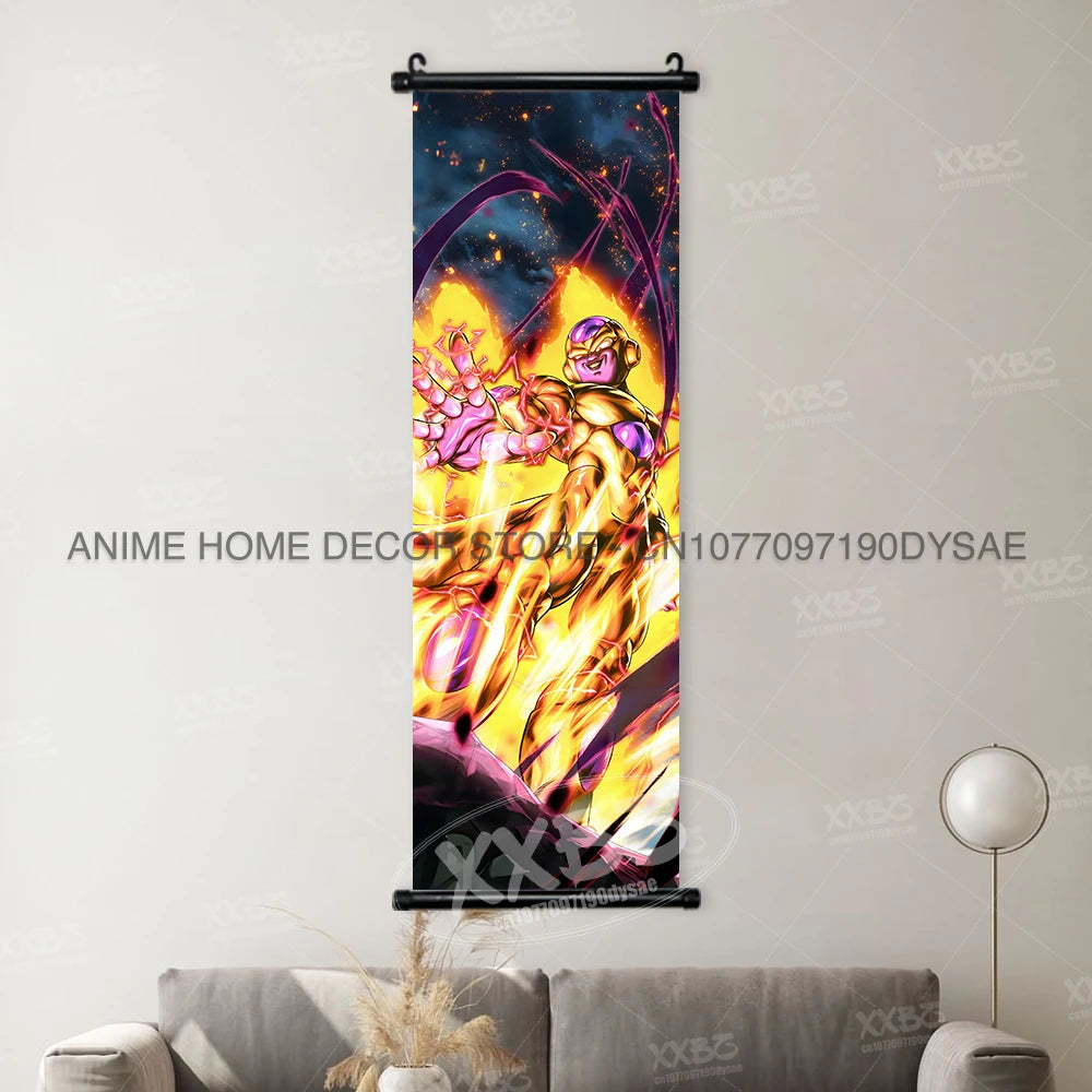 High-quality Dragon Ball Posters wall art scroll featuring Anime figures Goku, Vegeta, and Frieza for home decoration.