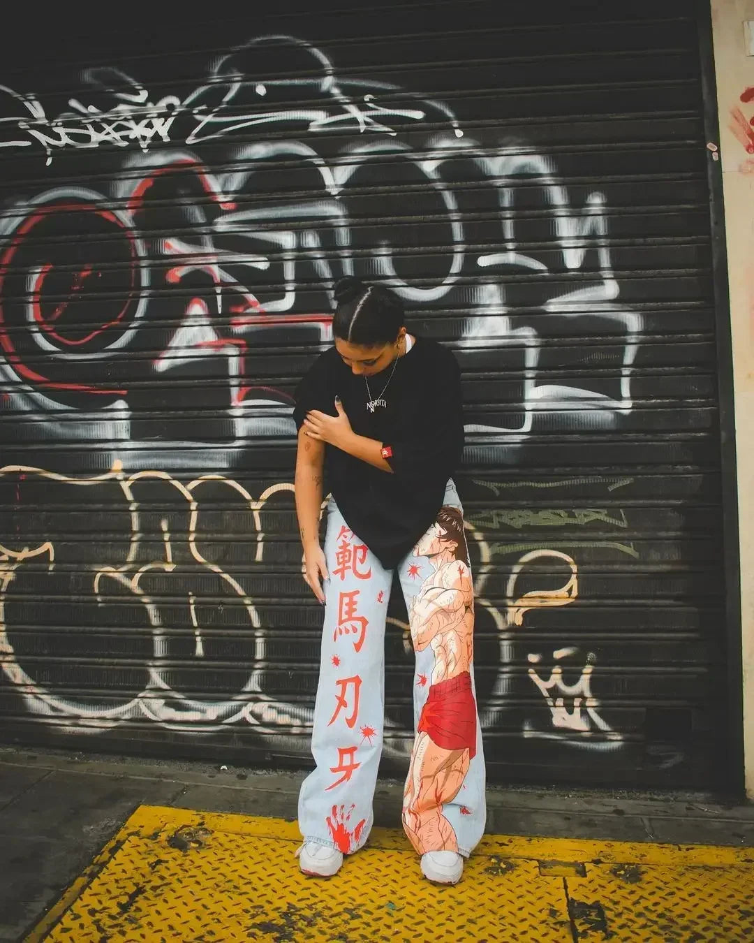 Trendy Y2K Anime Baggy Jeans featuring a Harajuku graphic print pattern, designed as high-waisted vintage streetwear for men and women.