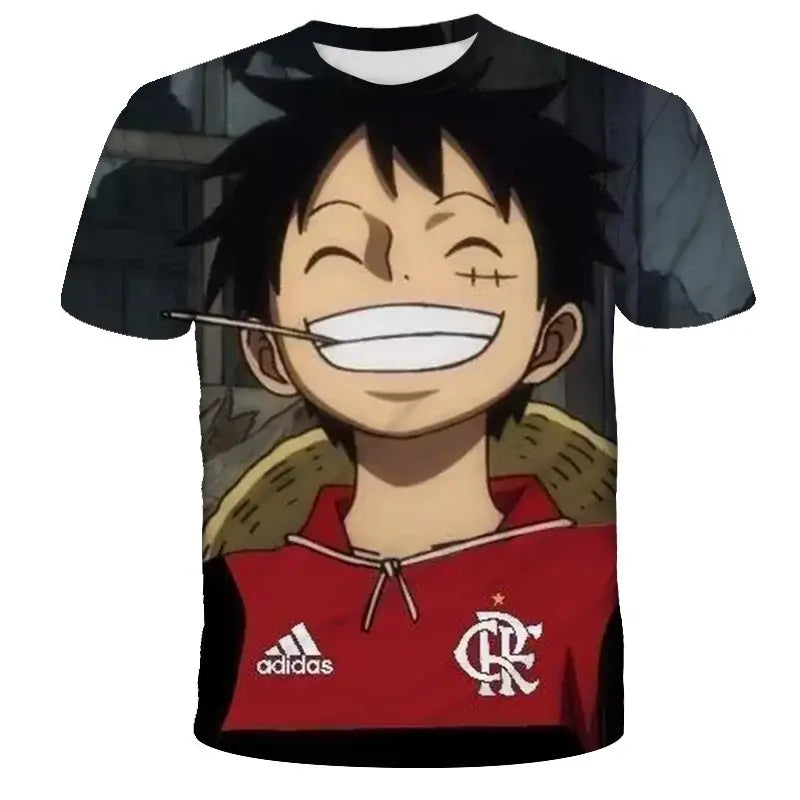 A 3D printed One Piece Luffy T-Shirt featuring a dynamic cartoon cosplay graphic of Monkey D. Luffy for boys' summer fashion.