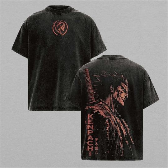Zaraki Kenpachi Bleach Vintage Washed T-Shirt featuring oversized black design with graphic print front and back.