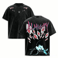 BLEACH Y2K Oversized T-Shirt featuring a unique design with 'ALMIGHTY' text and eye motifs on a black background.