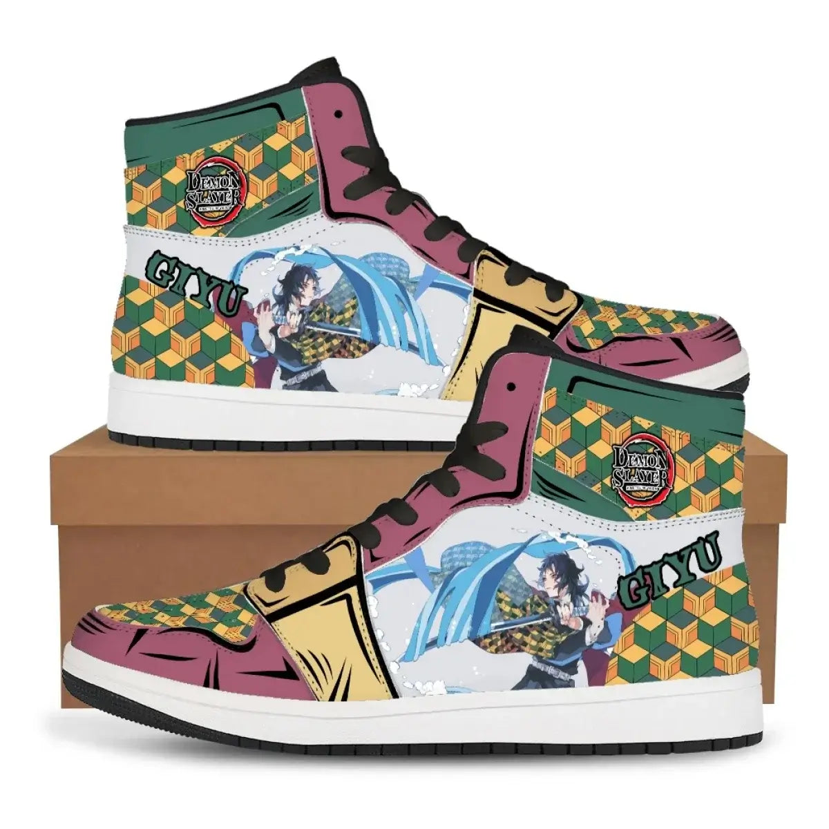 High-top Demon Slayer Sneakers featuring Tanjiro Kamado and Nezuko Kamado anime designs, styled as fashionable basketball shoes for men and women.