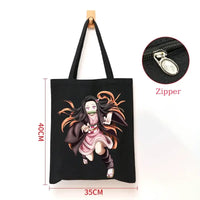A durable Demon Slayer Canvas Bag featuring Kamado Nezuko and Tanjiro anime graphics, designed as a zipper tote for students and shoppers.