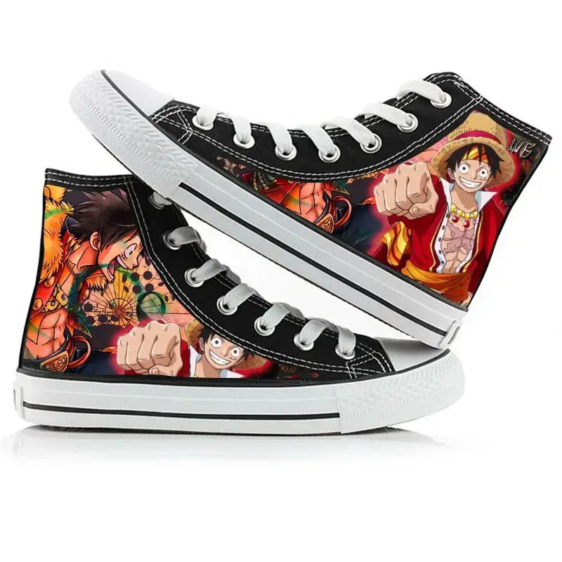 Trendy One Piece High-Top Canvas Shoes featuring creative anime pictures of Luffy, Zoro, Ace, and Chopper for men and women.