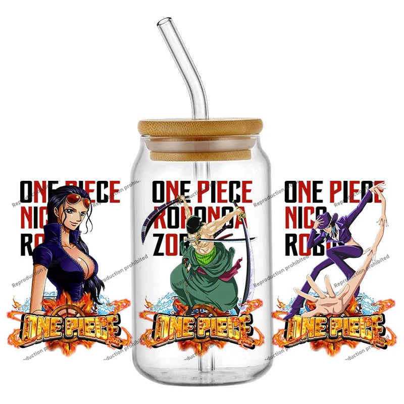 A collection of the newest 31 designs of popular One Piece UV DTF Stickers for a 16oz glass cup.