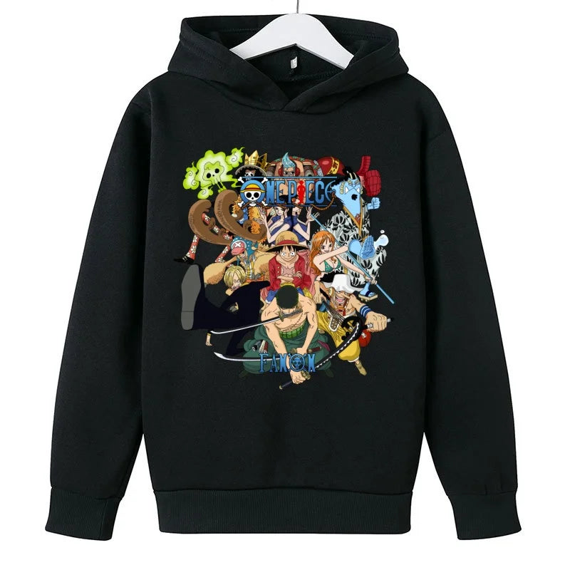 A trendy One Piece Kids Hoodie featuring cartoon graphic prints of Luffy and Zoro, designed as a casual spring and autumn pullover for children.