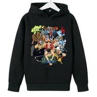 A trendy One Piece Kids Hoodie featuring cartoon graphic prints of Luffy and Zoro, designed as a casual spring and autumn pullover for children.