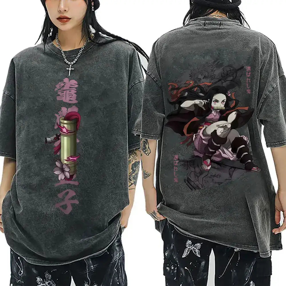 A washed black Demon Slayer Vintage T-Shirt made of 100% cotton, featuring an oversized cartoon anime graphic for men and women.