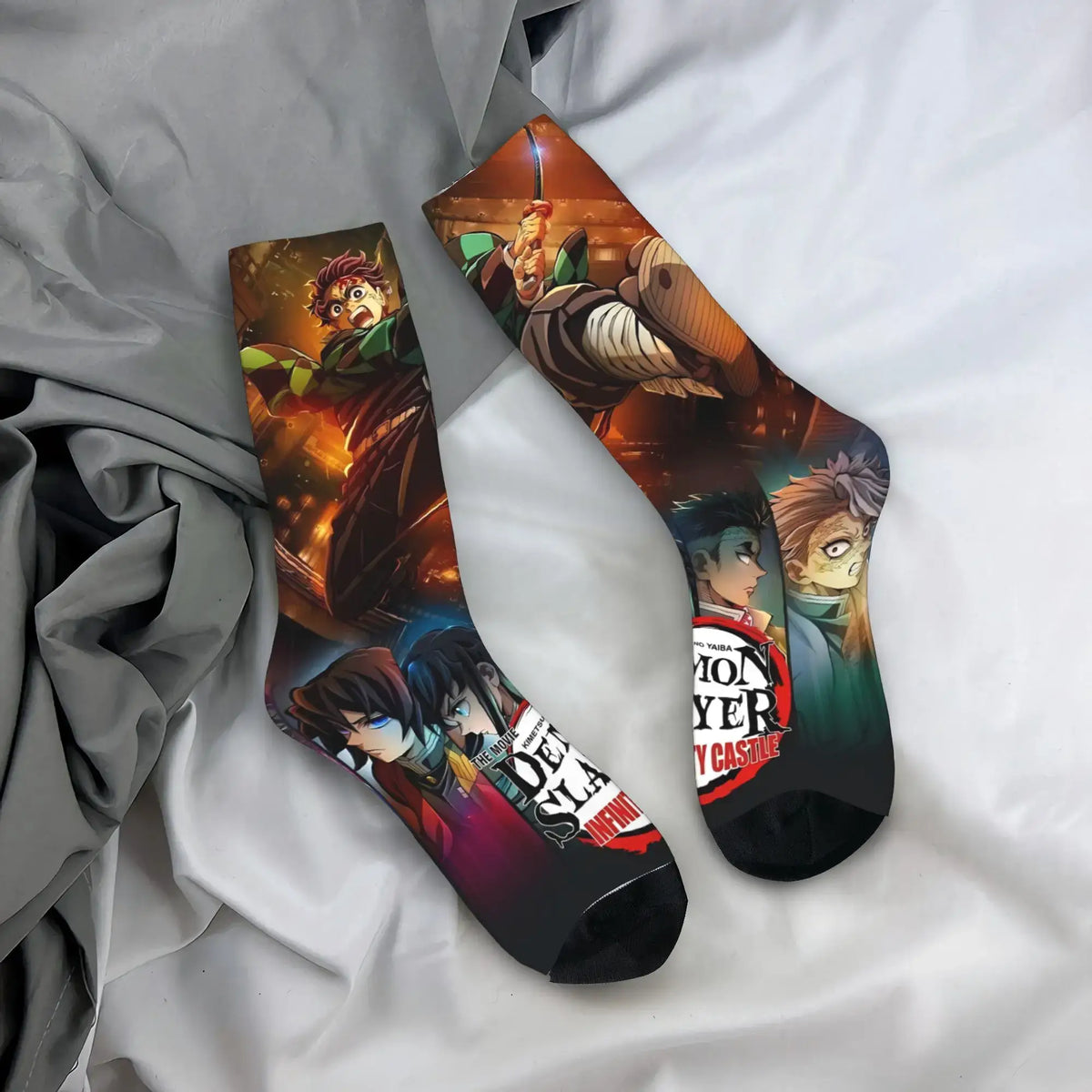 Breathable Demon Slayer Socks featuring Nezuko Kamado and Giyu Tomioka patterns, designed as trendy non-slip skateboard stockings for men and women.