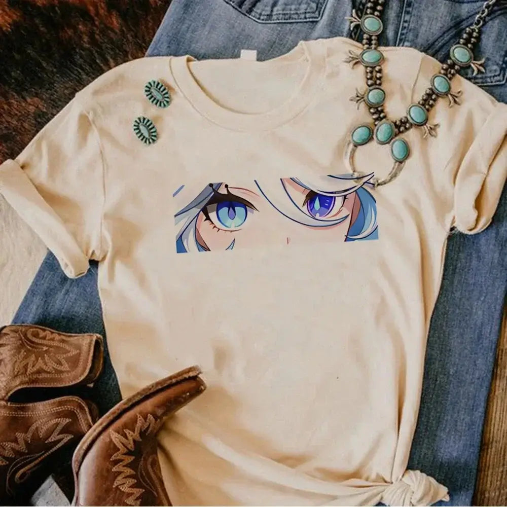 A woman wearing a funny Y2k Genshin Impact Furina T-Shirt with a comic anime design.