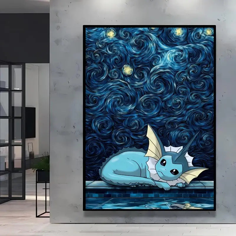A stunning Van Gogh Pokemon Wall Art piece featuring Pikachu painted in a Starry Night impressionist style for unique home decoration.